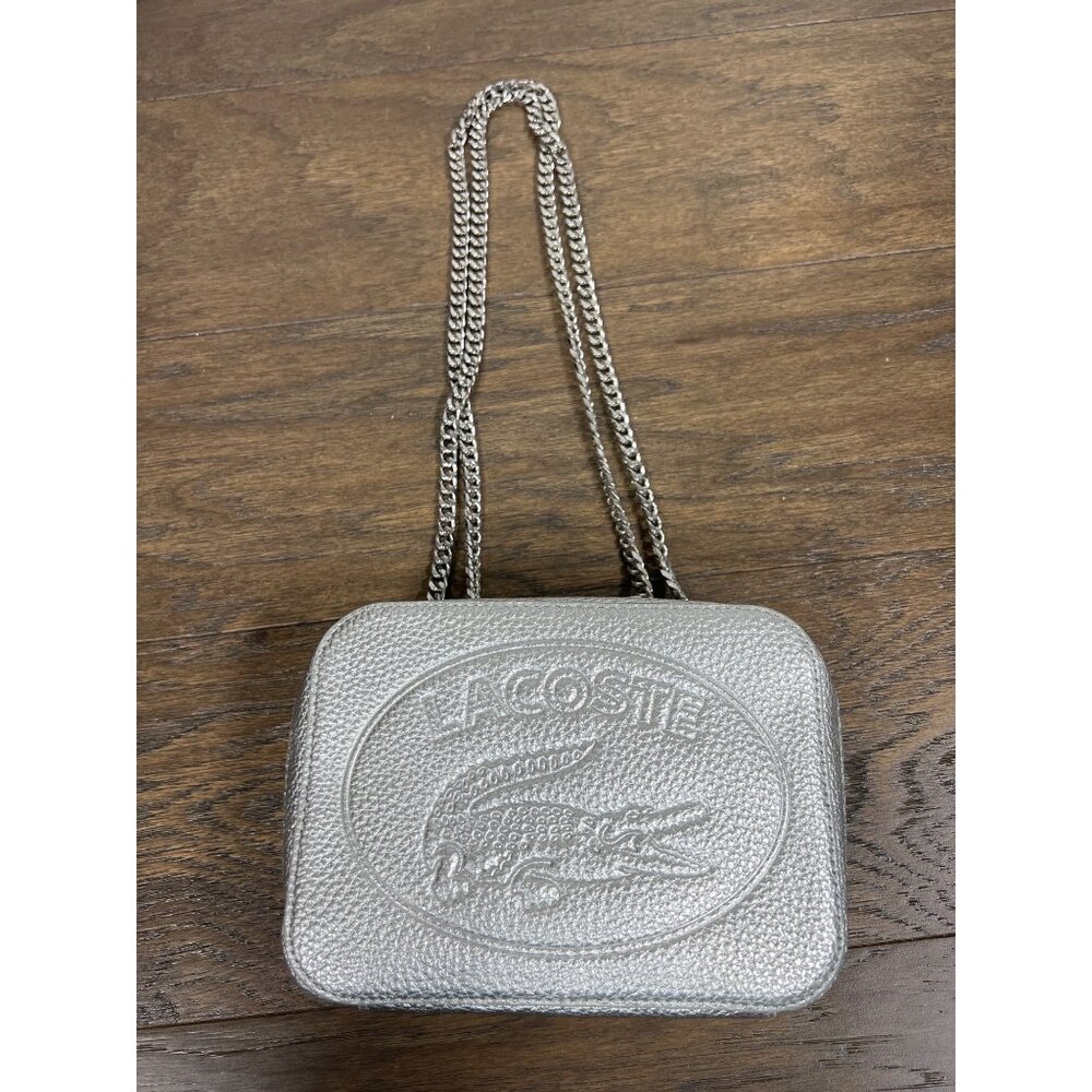 LACOSTE Croco Crew Silver Leather Bag with 2-way Chain Strap NF3245NJ EUC - Picture 3 of 10